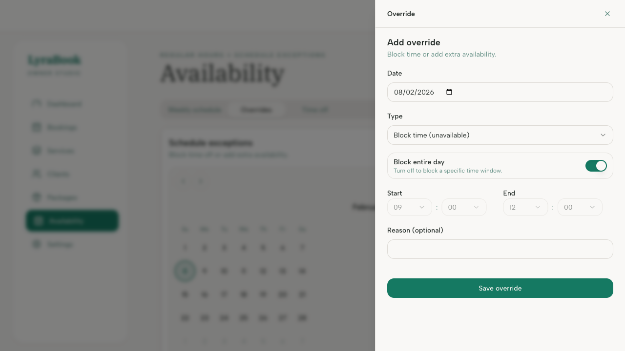 Screenshot: Add override modal/form