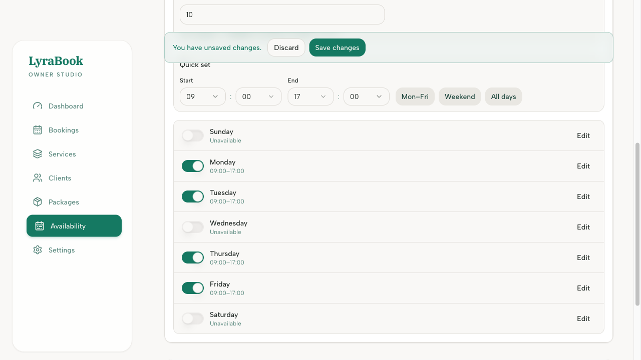 Screenshot: Weekly availability day with multiple windows