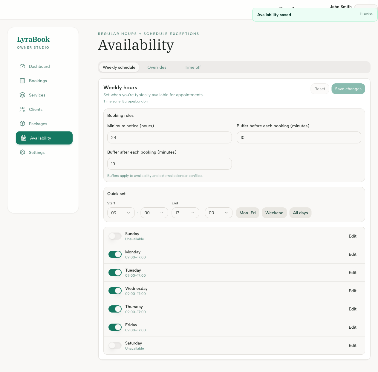 Screenshot: Weekly availability setup