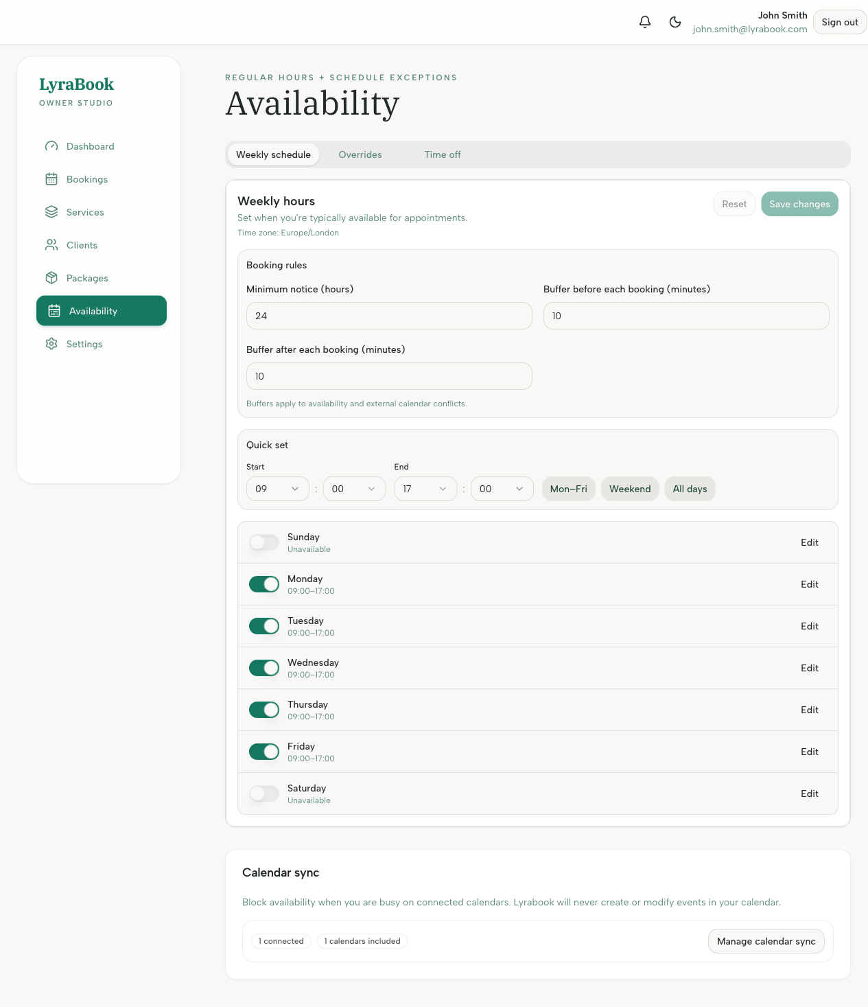 Screenshot: Weekly schedule editor
