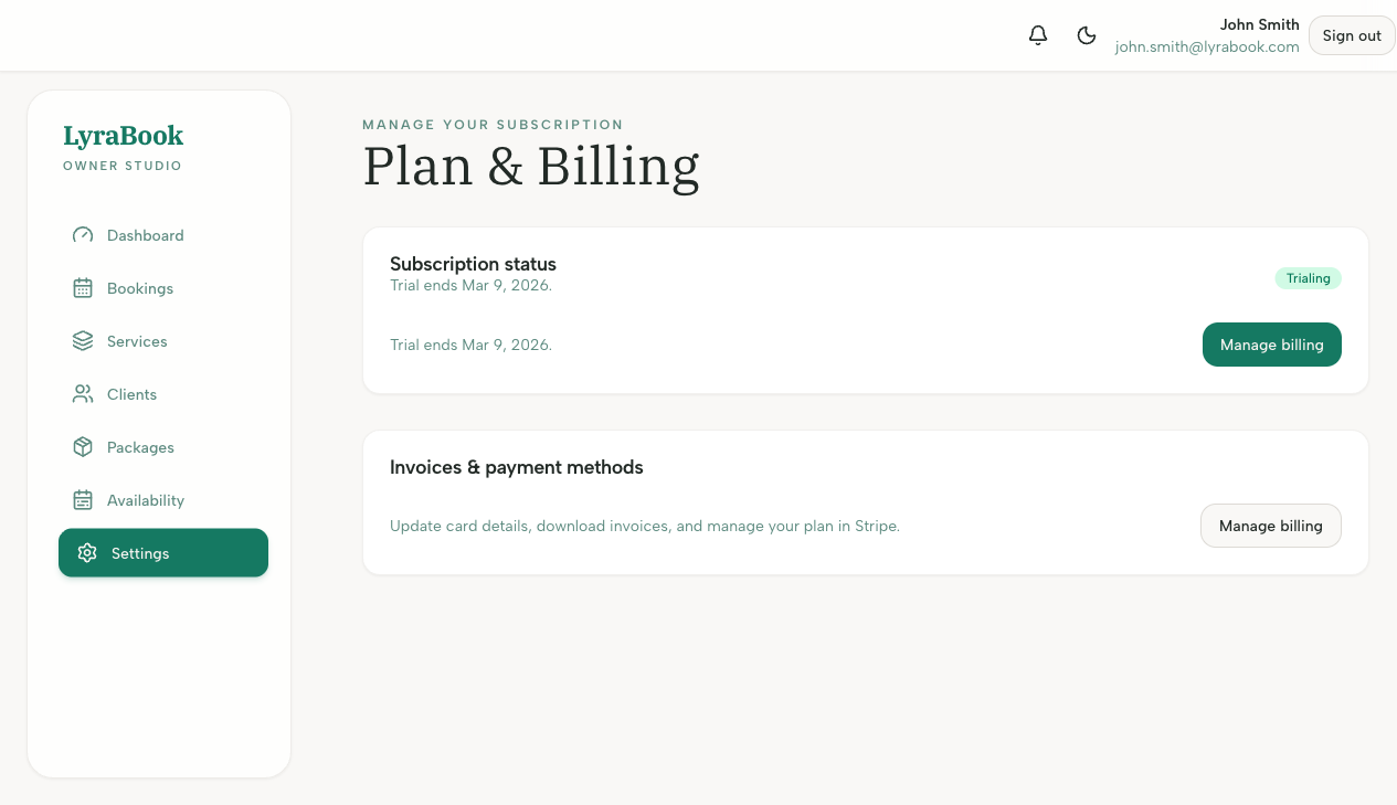 Screenshot: Billing page showing subscription status