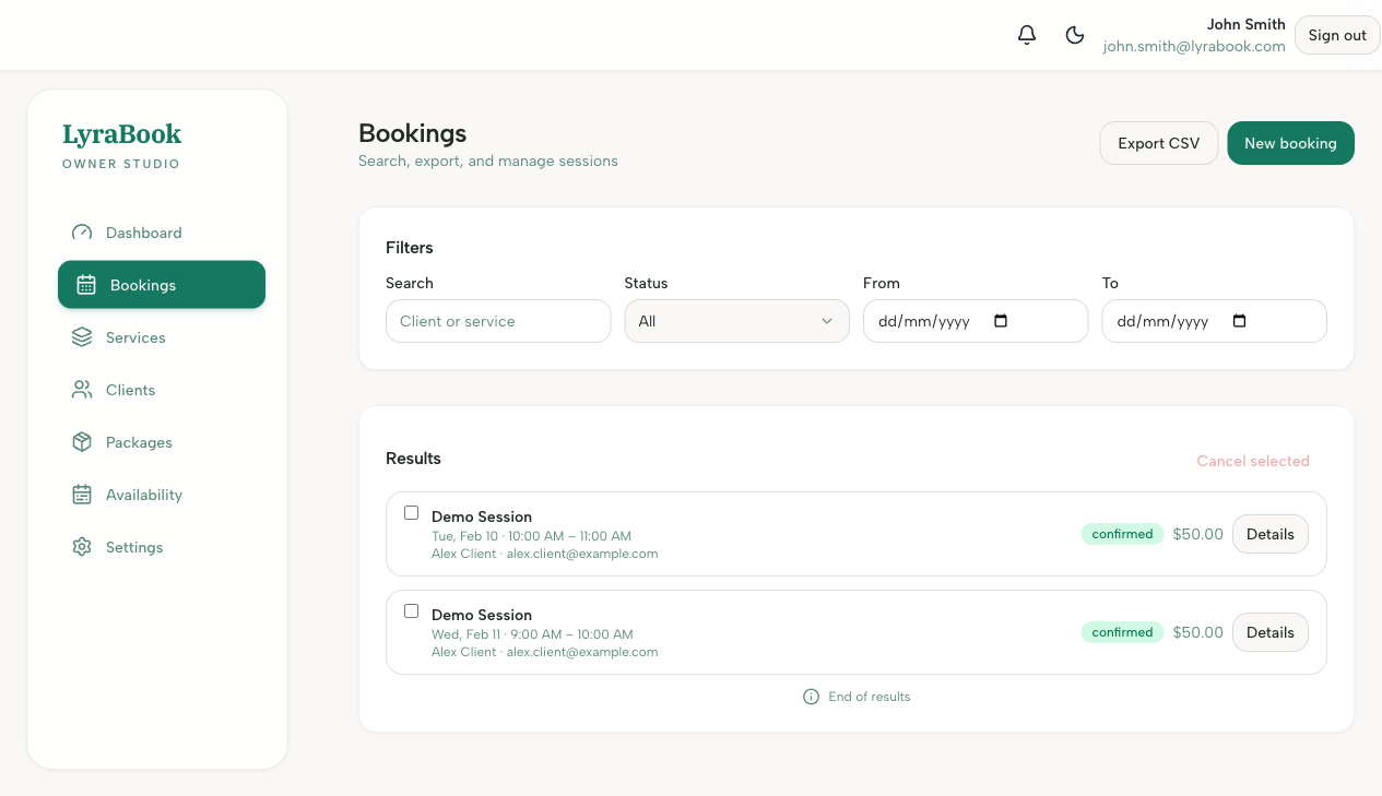 Screenshot: Bookings list with filters
