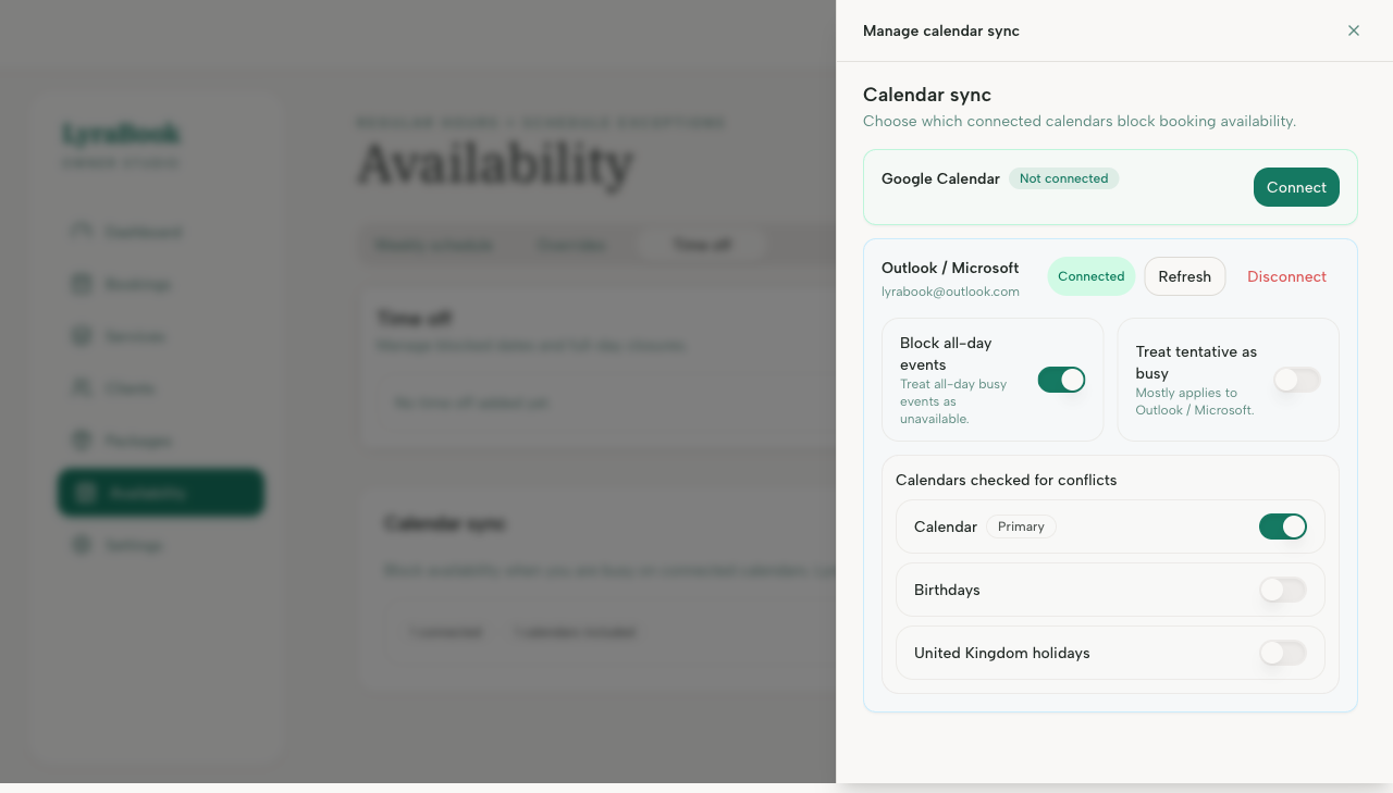 Screenshot: Calendar sync settings