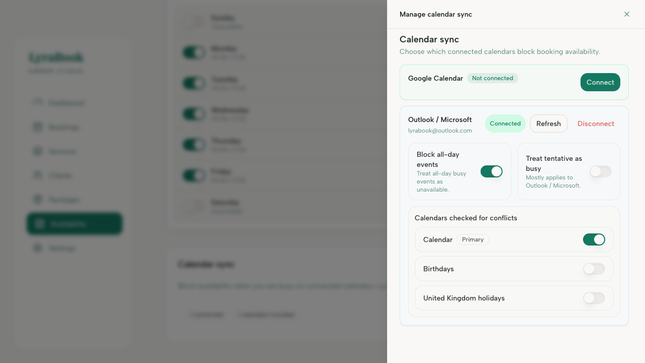 Screenshot: Calendar sync status (connected/disconnected)