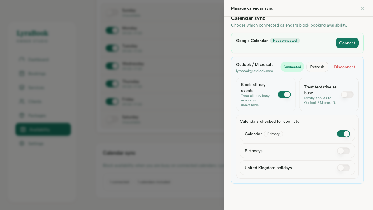 Screenshot: Calendar sync busy-blocking toggle