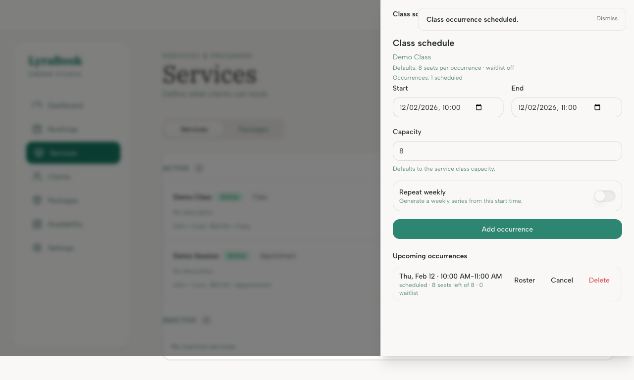 Screenshot: Create class/occurrence flow