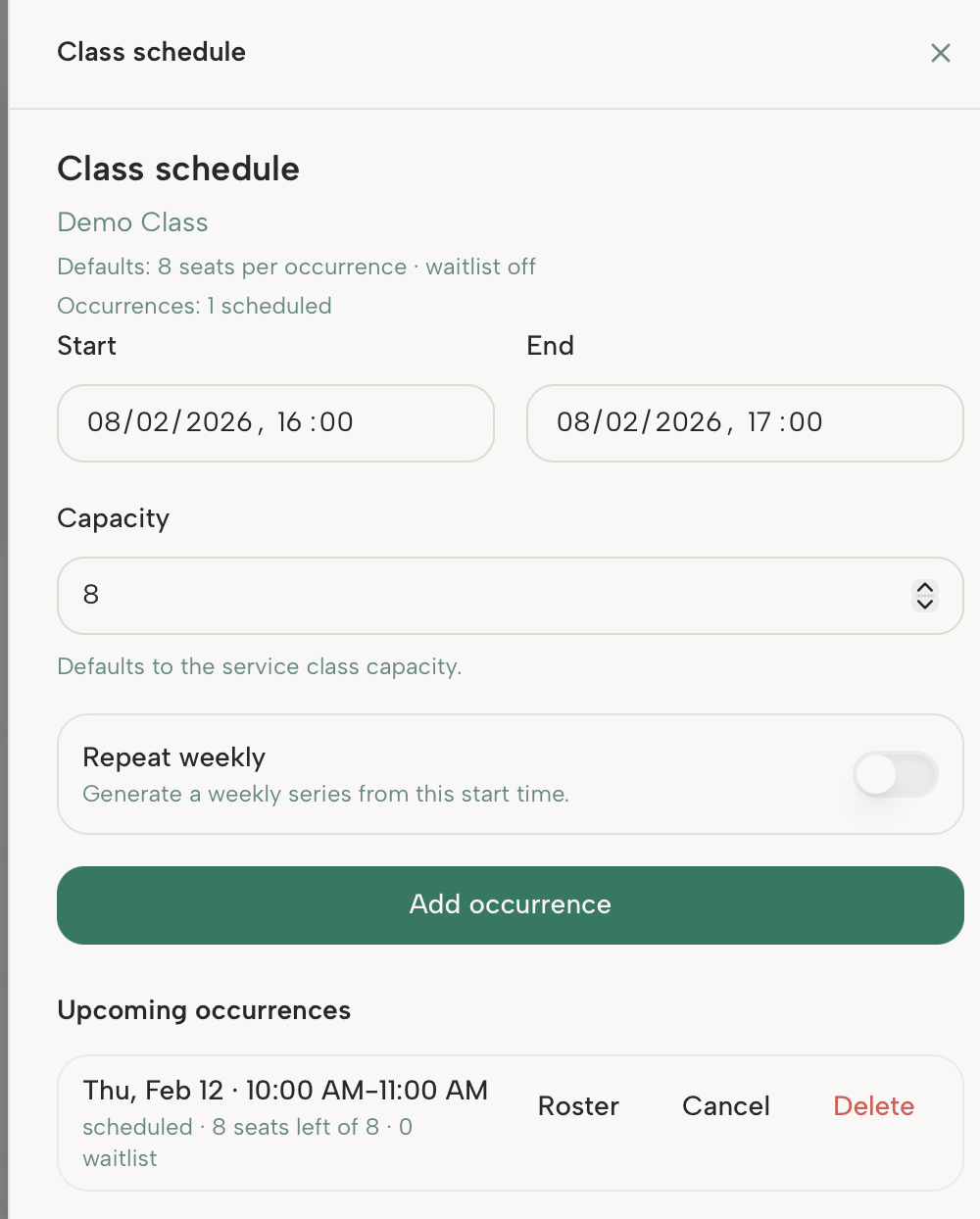 Screenshot: Attendee list for an occurrence