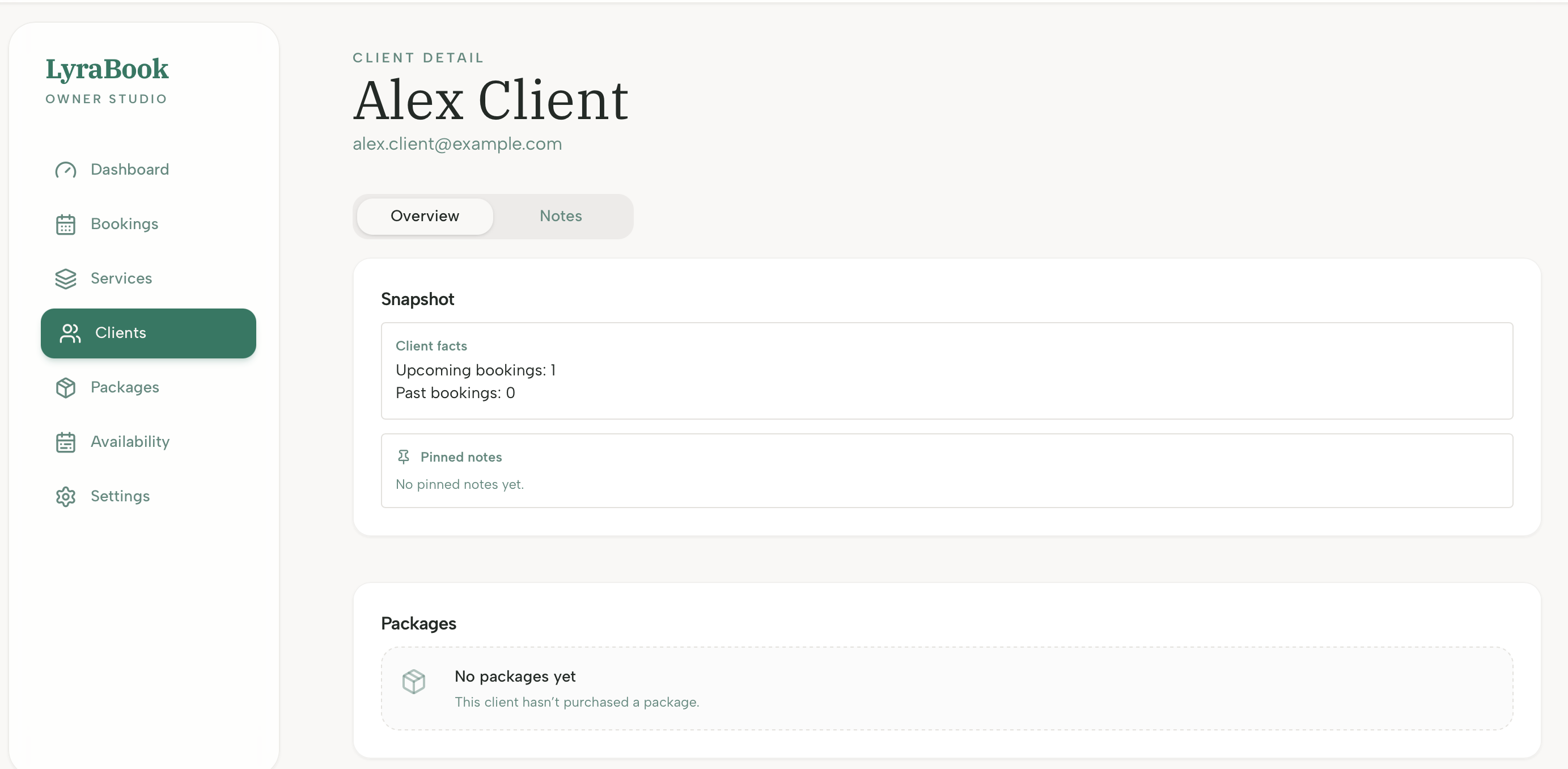 Screenshot: Client profile showing package usage