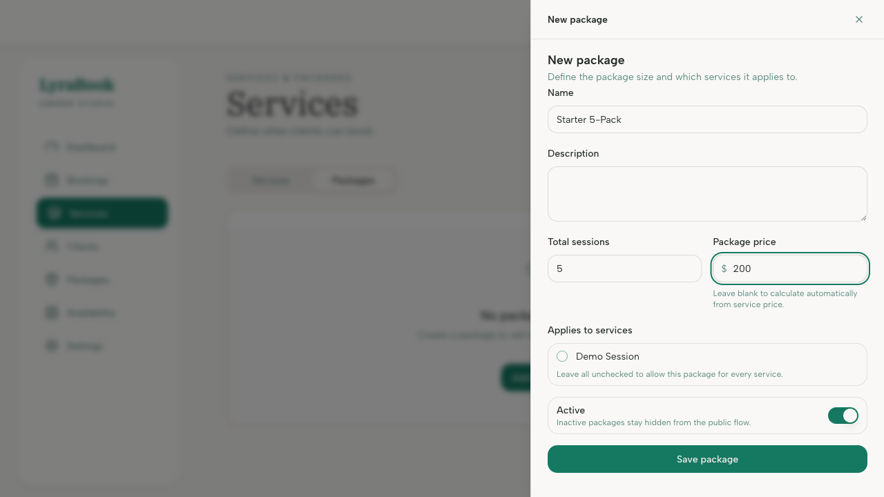 Screenshot: Create package form