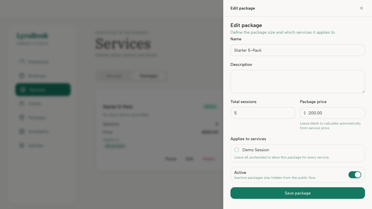Screenshot: Package edit view with deactivate/archive control