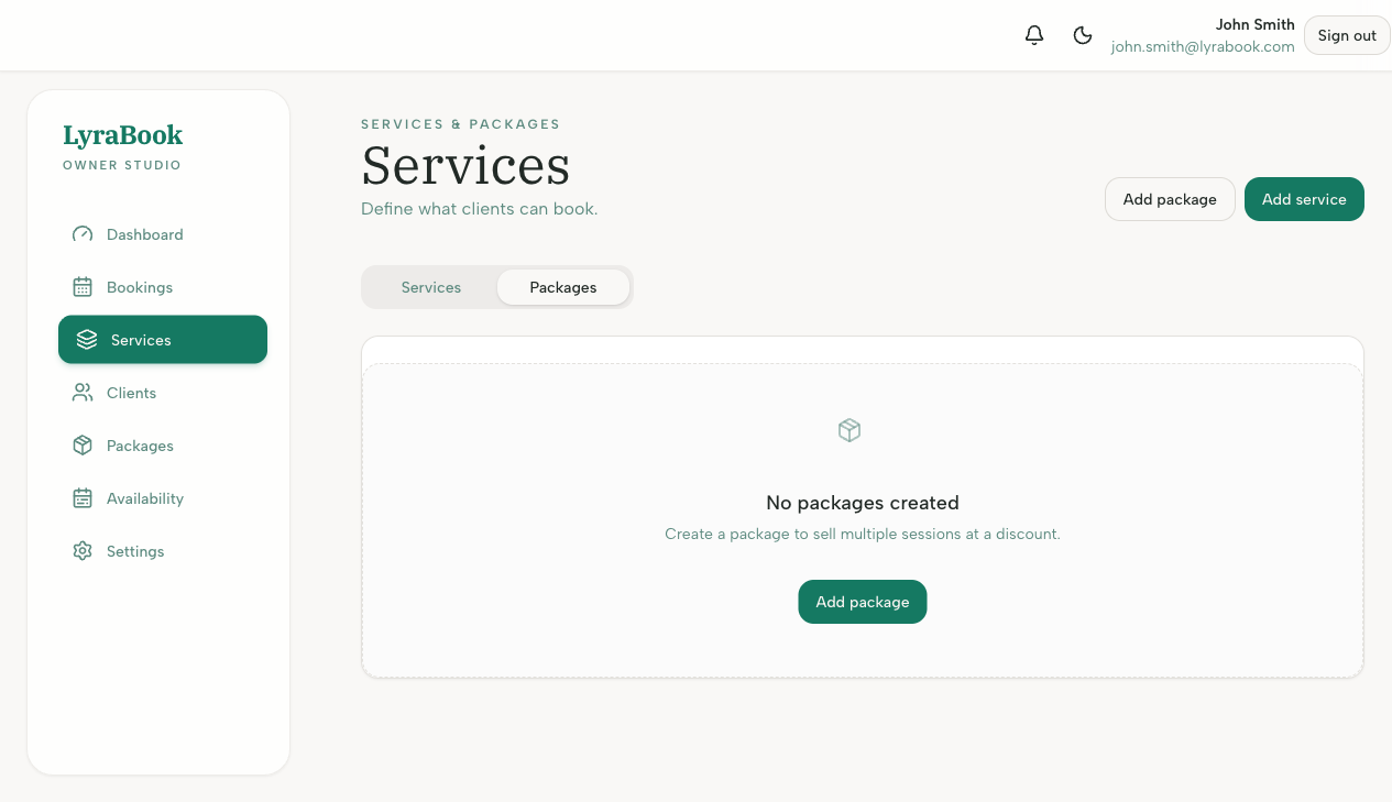 Screenshot: Packages tab