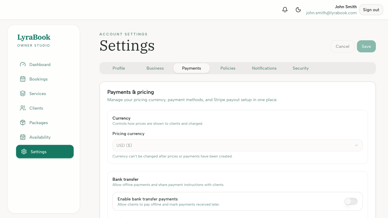 Screenshot: Settings page showing Currency section and buttons