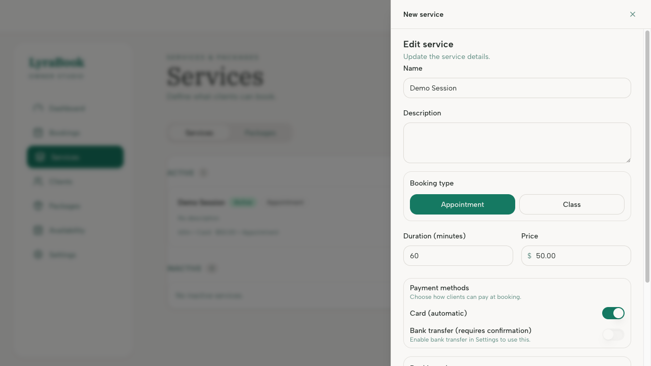 Screenshot: Service create form/modal