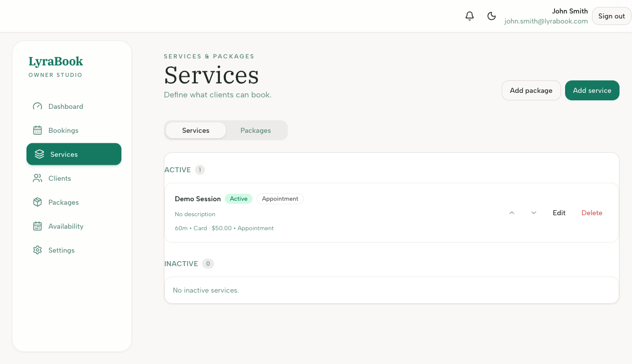 Screenshot: Services list with Create service button