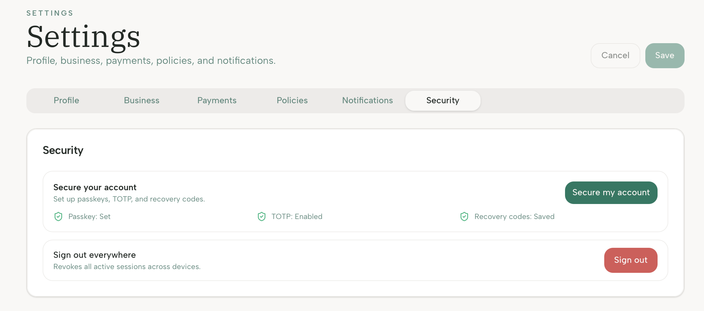 Screenshot: Sessions section with logout-all option