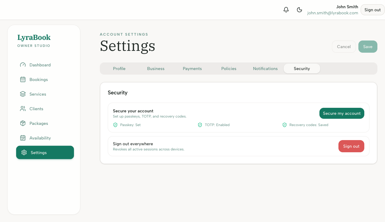 Screenshot: Security settings showing 2FA/TOTP enable flow