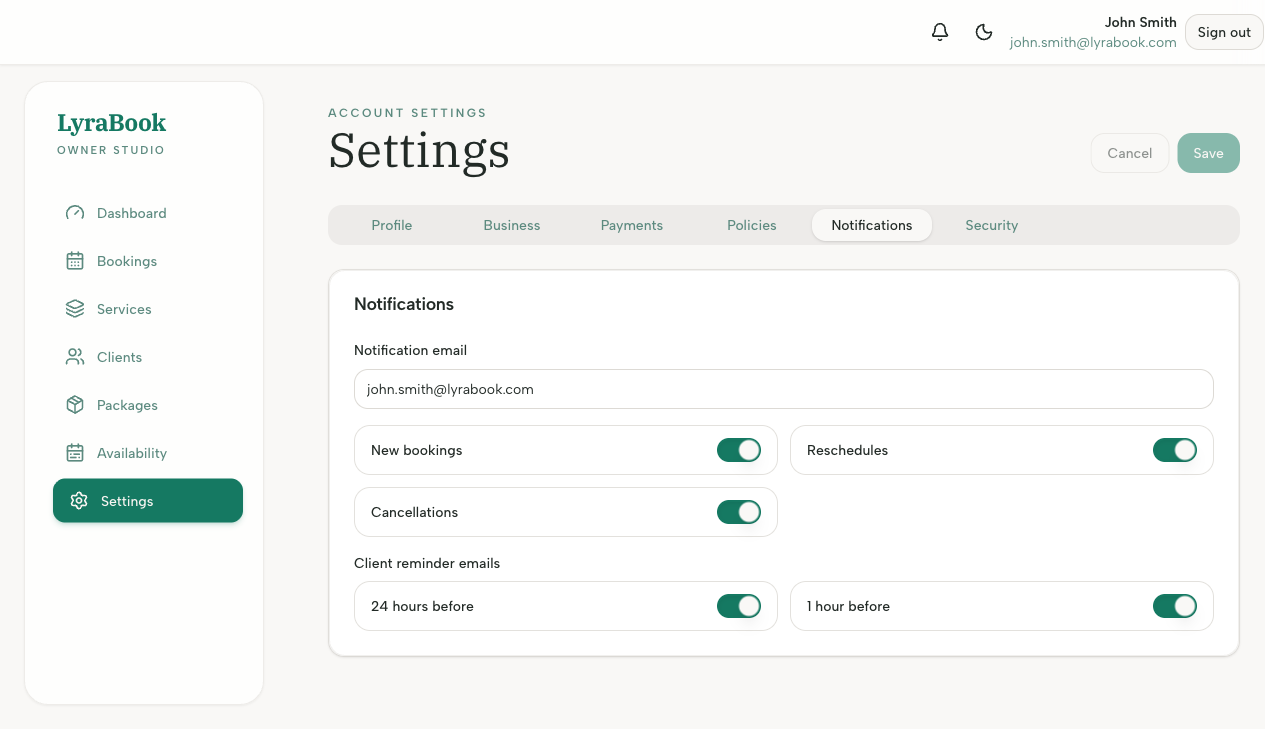 Screenshot: Notification toggles page