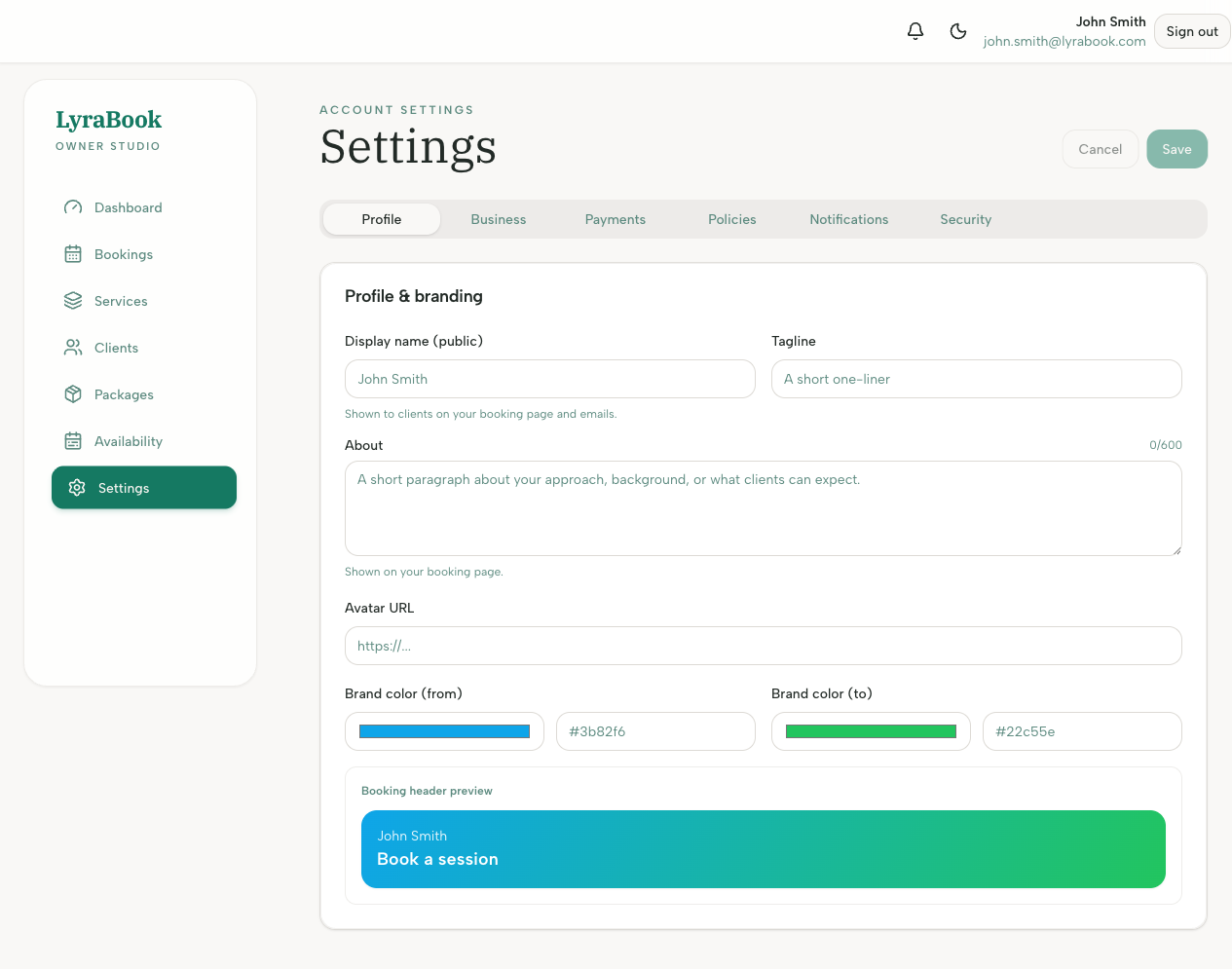 Screenshot: Profile settings form